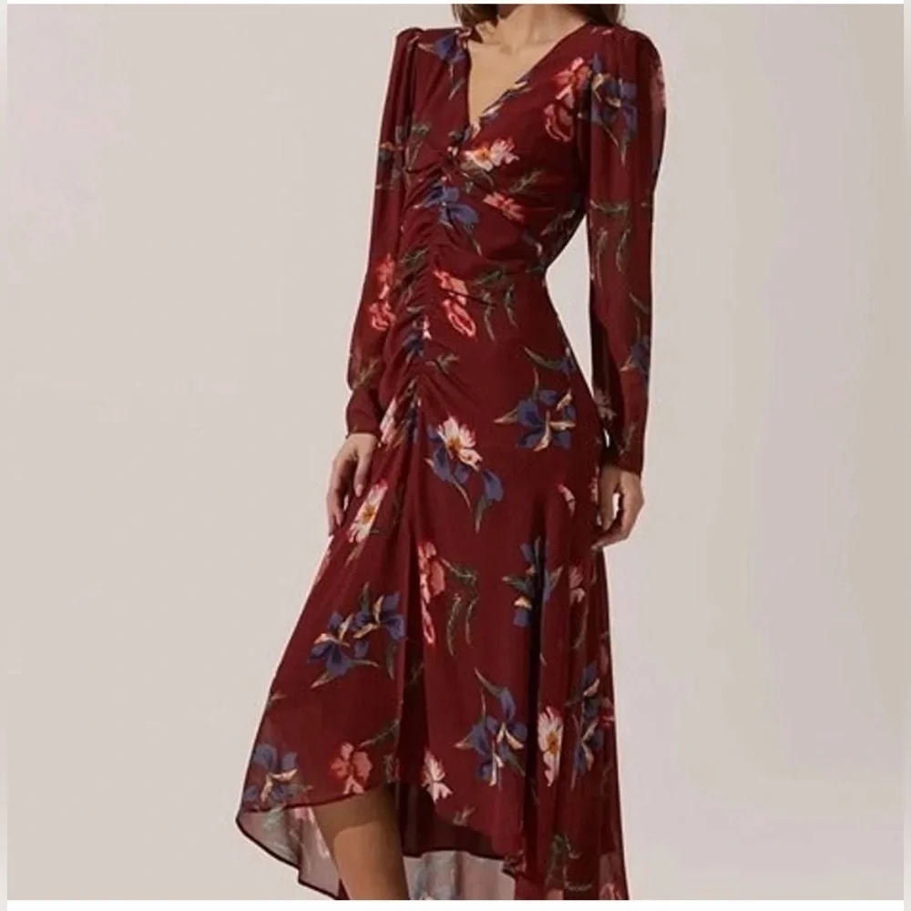 ASTR The Label Hi-Lo Ruched Front Midi Dress Floral Print Size Small - Picture 9 of 9